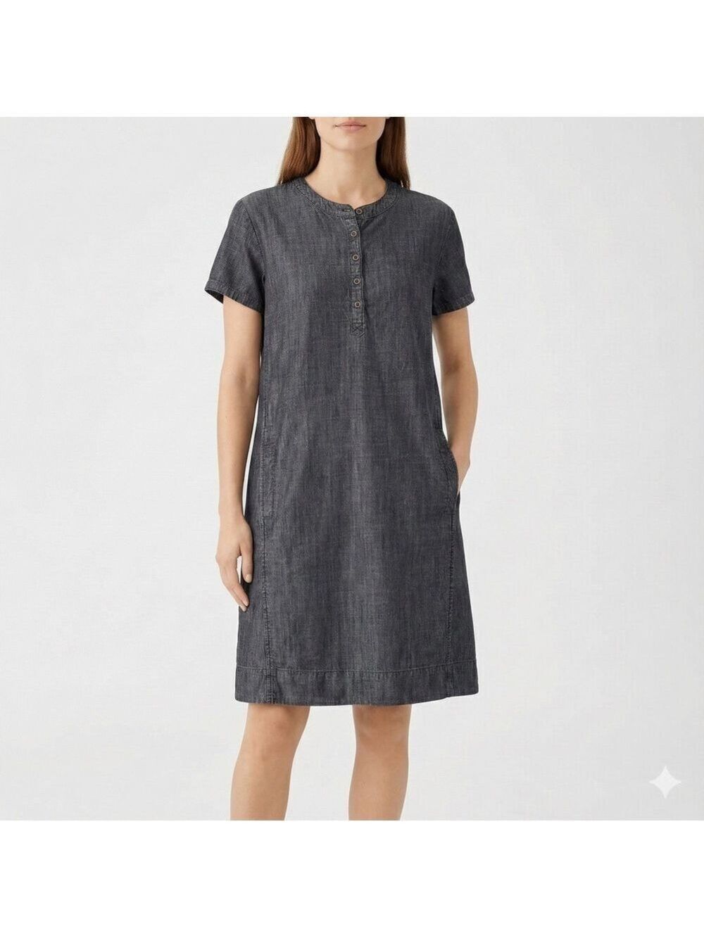 EILEEN FISHER Tencel / Organic Cotton Blend Chambray Short Sleeve Shirt Dress XS